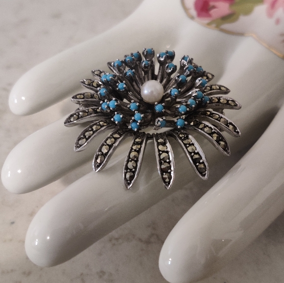 Vintage 60s Germany Silver 935 Chrysanthemum Flower Marcasite Brooch - Picture 4 of 16